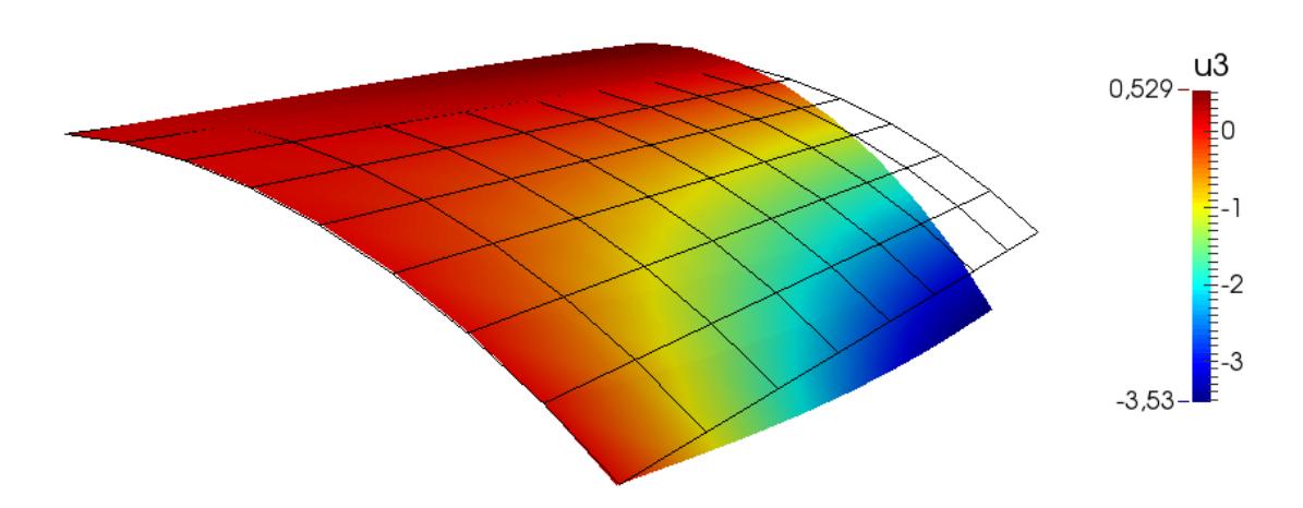 Fig. 3: Cylindrical Scordelis-Lo shell subjected to dead weight. Only one quarter of the structure has been analyzed, mesh of 8×8 elements and deformed shape are shown.
