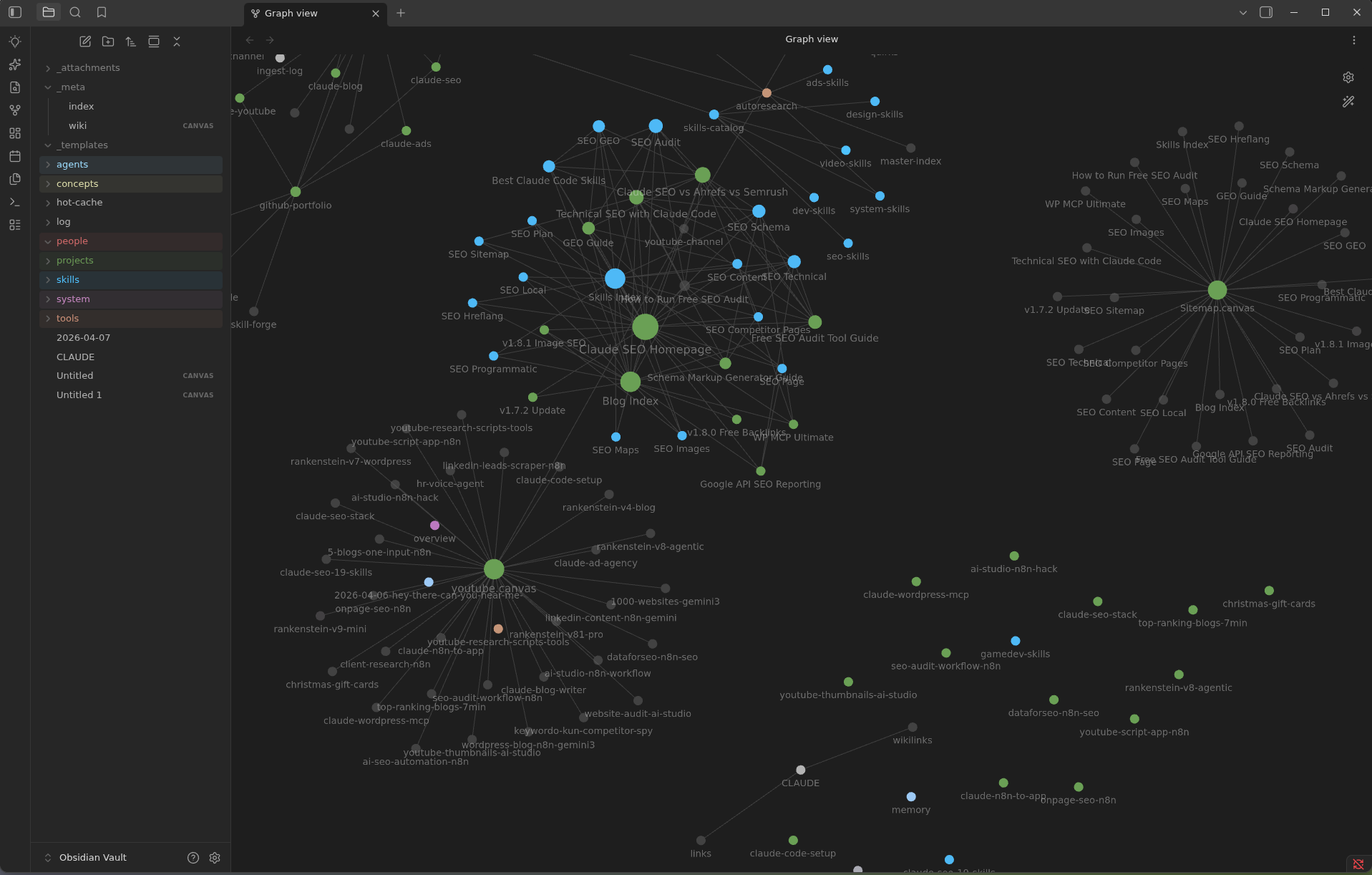 Obsidian graph view showing the claude-obsidian knowledge graph with color-coded nodes for concepts, entities, and sources
